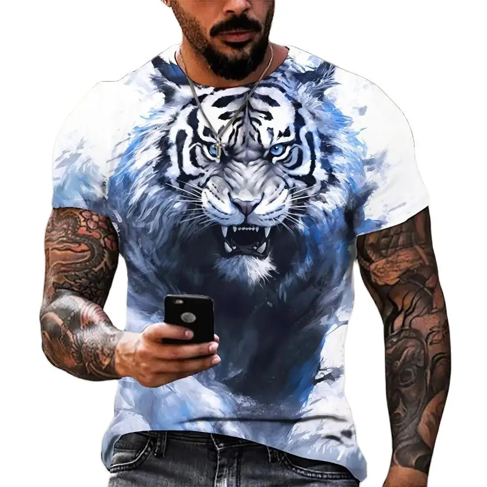 Tier Tiger Print Sommer Herren T-Shirts atmungsaktive Polyester O-Ausschnitt lose Kurzarm Tops lässig T-Shirt Herren Kleidung 3xl