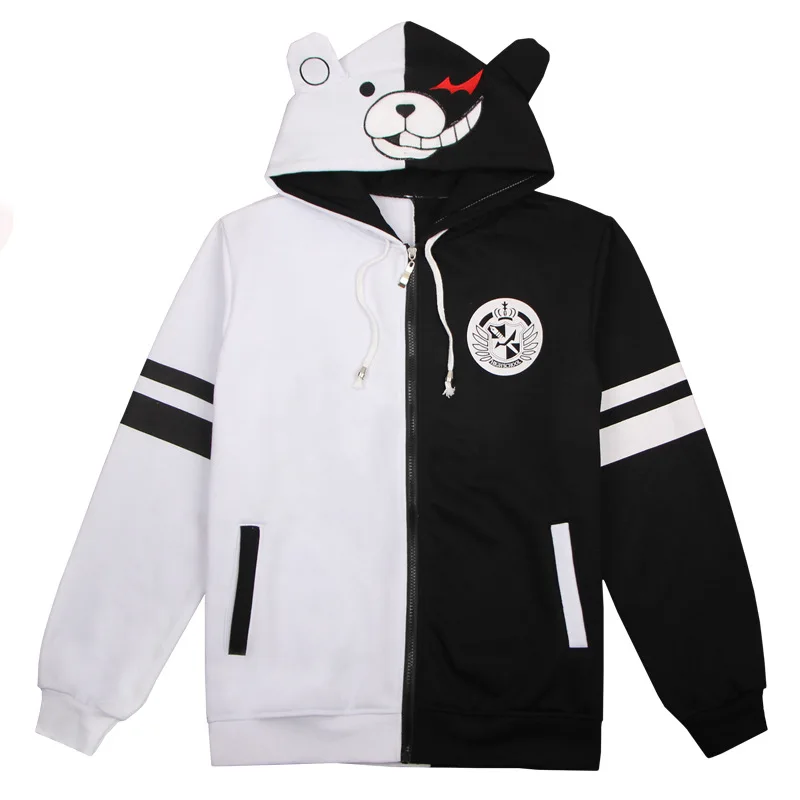 Danganronpa Monokuma Cosplay Costume Unisex Hoodie Sweatshirt Black and White Pachwork Embroidery Bear Cotton Pullover Hooded