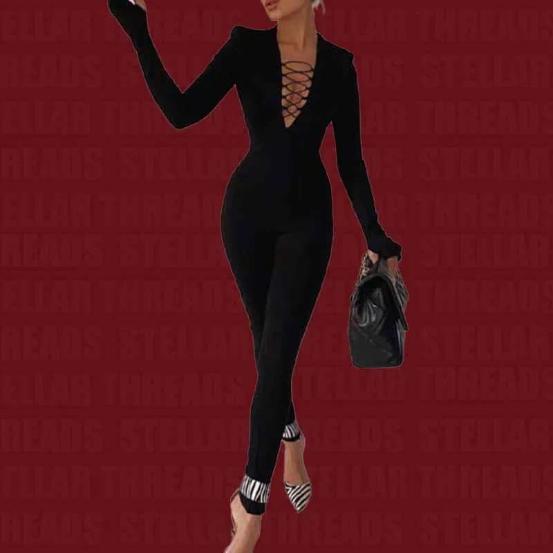 

Trendsetter's Choice! Long - sleeved Deep V Laced Jumpsuit, Unique Tailoring Showcases Allure