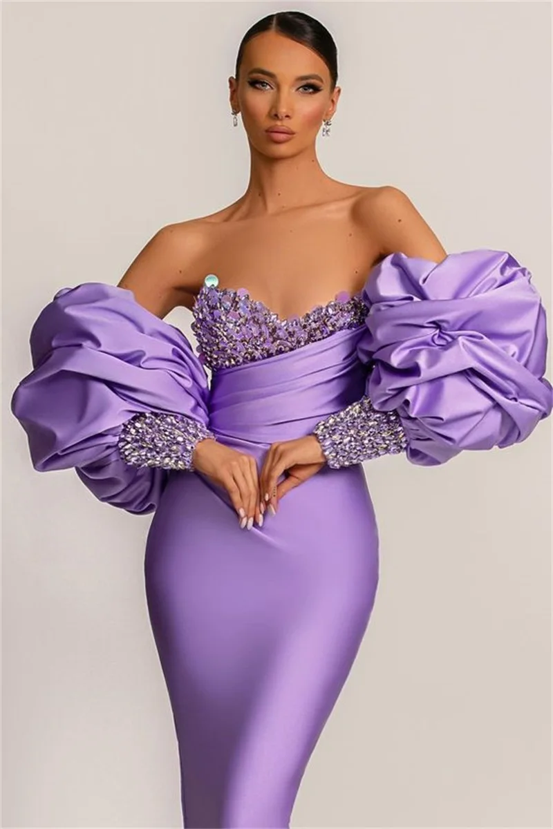 Satin Crystal Sequins Prom Dress With Detachable Sleeves Sweetheart Neck Evening Gown Lilac Mermaid Custom Made Robes De Mariée