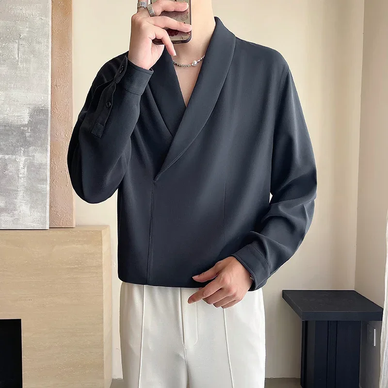 

2024 Autumn Solid Color Lapel Long Sleeved Shirt Men's Loose Casual T-shirt Loose Social Street Wear Pullover Tops Men Clothing