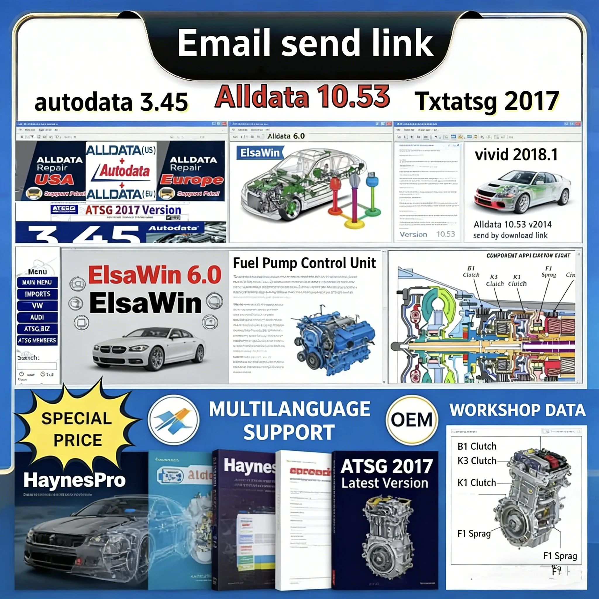 Latest Hot-Selling Alldata Repair Software 10.53 All Car Data Technology Latest Offline Software ATSG 2017 & Autodata 3.45 Send