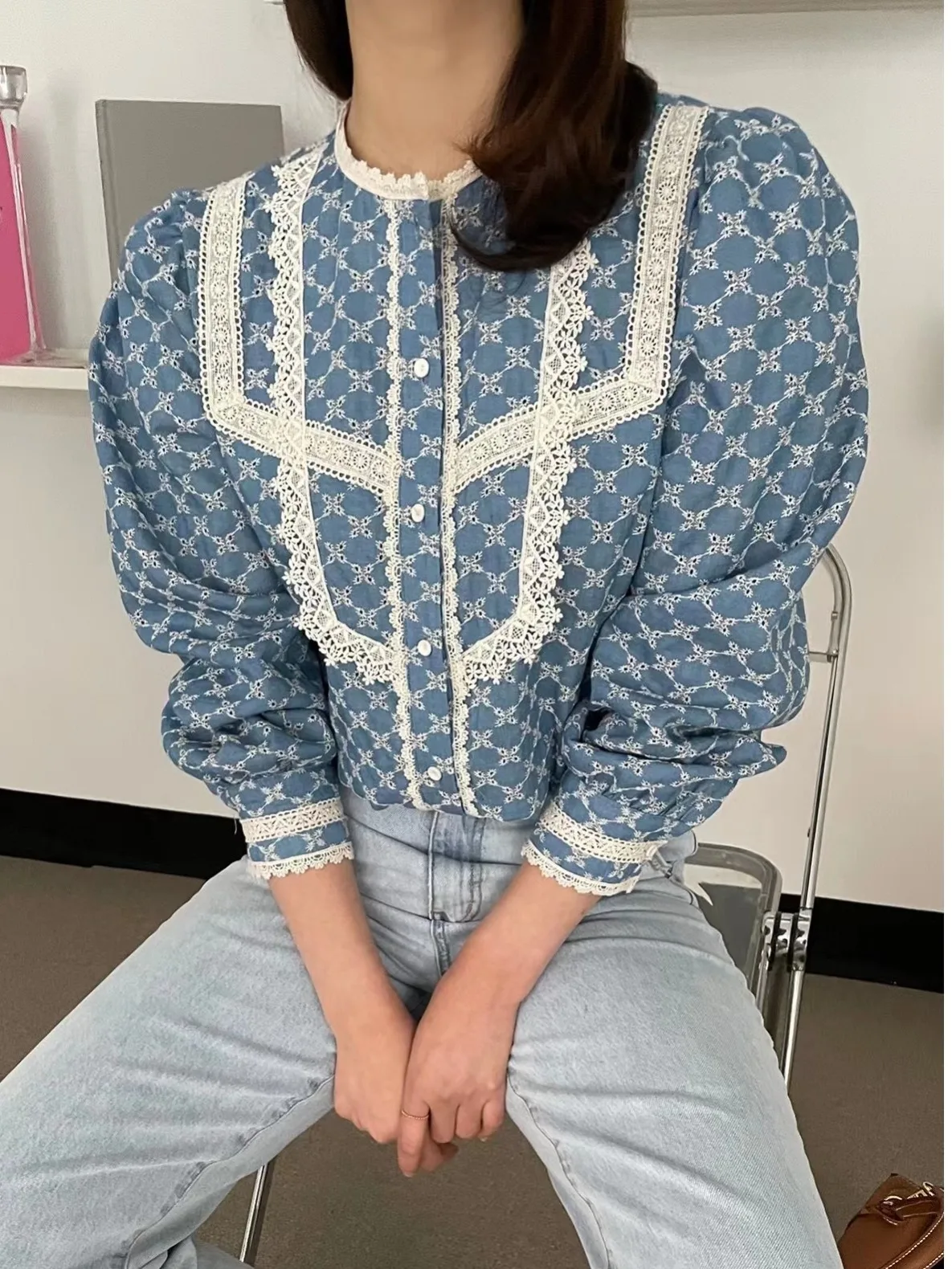 

Chic Lace Print Design Long Sve round Ne Splice irt Women's Commute Sle Loose Fit Versatile Autumn Spring Winter irt