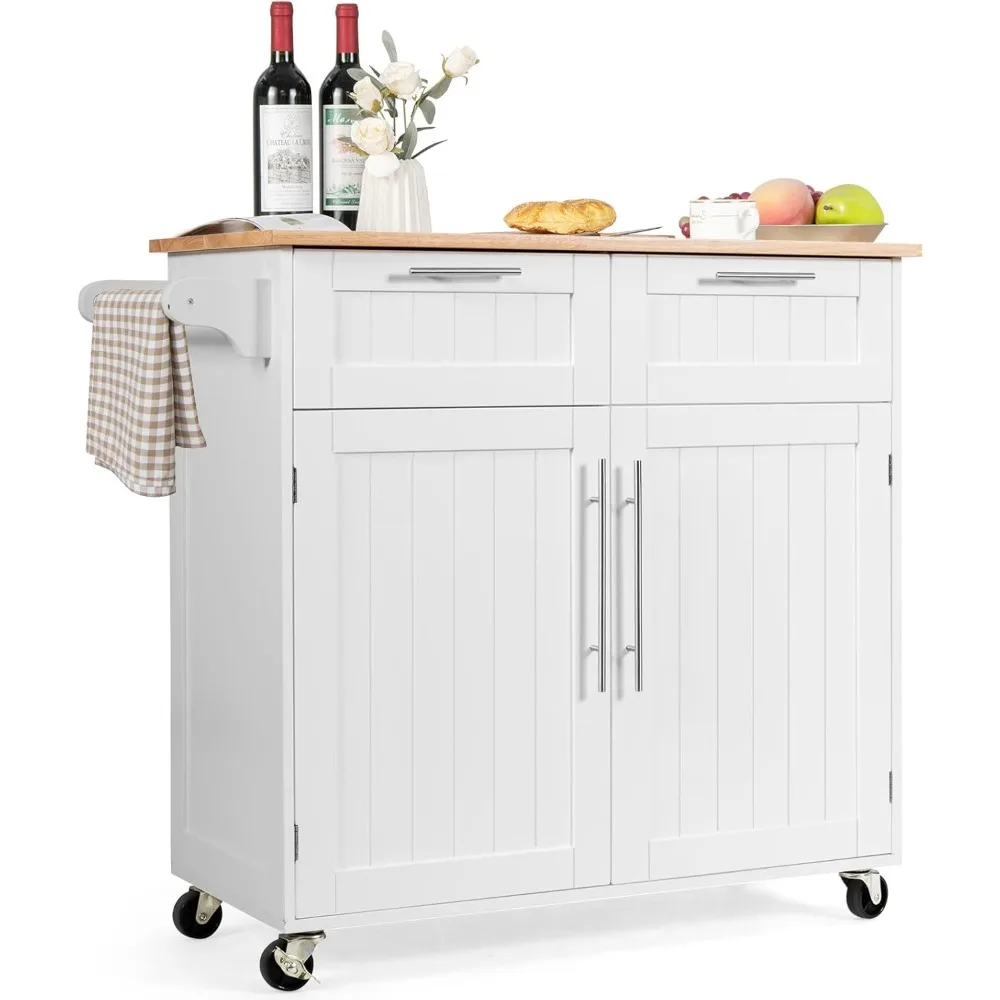 Kitchen Island Cart on Wheels, with Side Towel Bar, 2 Drawers, 2 Door Cabinet, Rolling Storage Trolley Cart with Rubber