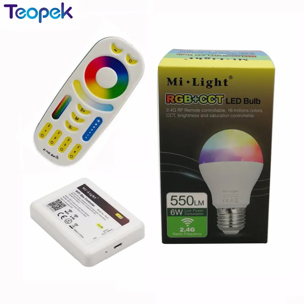 Mi.Light 6W E27 RGB+CCT Dimmable LED Bulb AC110V 220V FUT014 + WL-Box1 WiFi +  2.4G Wireless 4-Zone Touch Remote