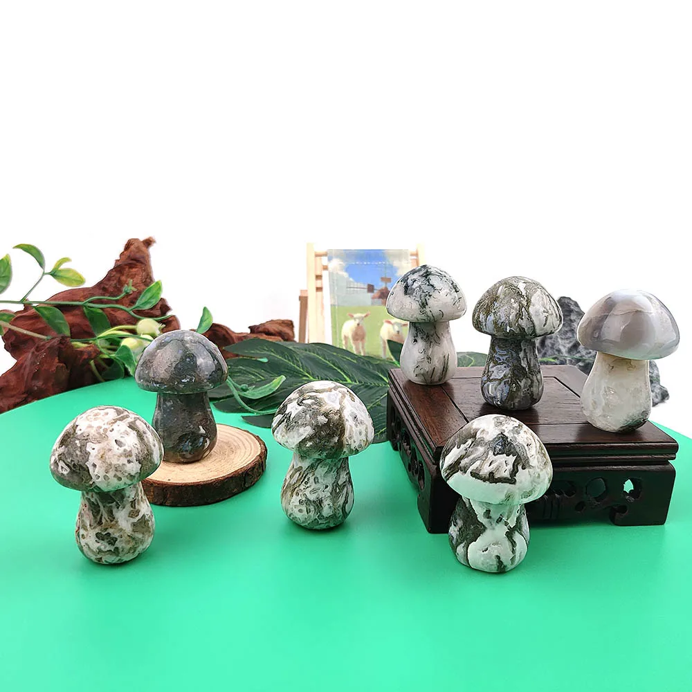 

1Pc Moss Agate Mushroom Craft Figurines Carving Natural Crystal Healing Spirit Pendants For Kids Gift Home Decor Halloween