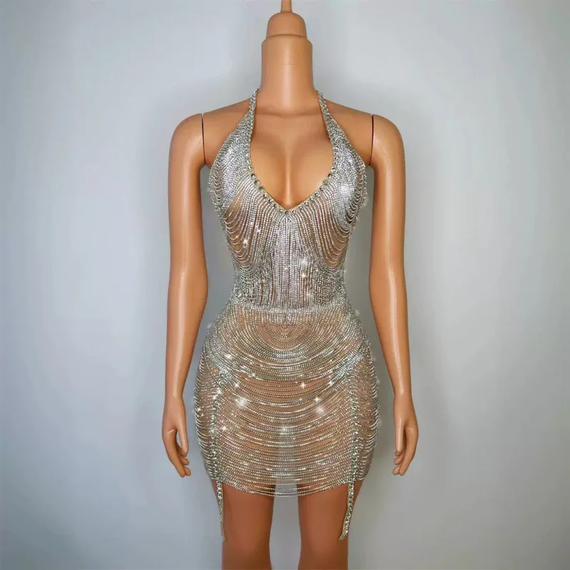2026 Glamorous Diamond Fringe Dress for Birthday Party & Stage Performance with Glam Backless Hollow Mesh Skirt Evening Outfit
