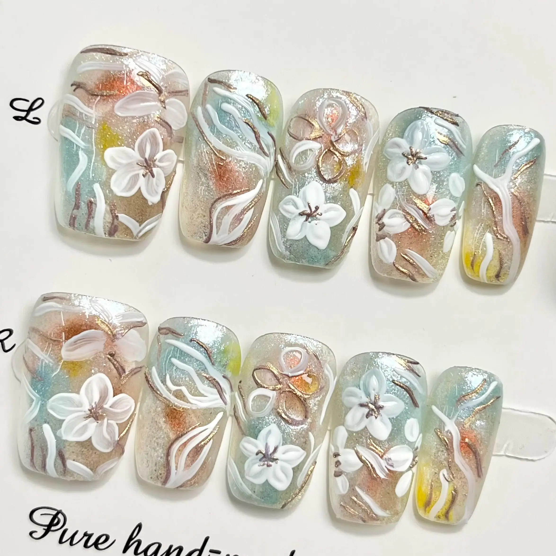 Dreamy Pastel Gradient Floral Press On Nails, 3D Sculpted White Flower & Gold Line Square Handmade Fake Nails