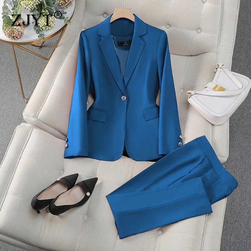 

ZJYT Autumn Office Pant Sets for Women 2 Pieces Blazer Suit Elegant One Button Formal Business Jacket Trousers Outfit Female