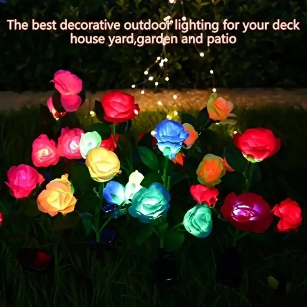 3/5 Heads Solar Lights Outdoor Decorative Night Light Waterproof LED Rose Flower Lawn Lamp for Yard Patio Garden House Decor