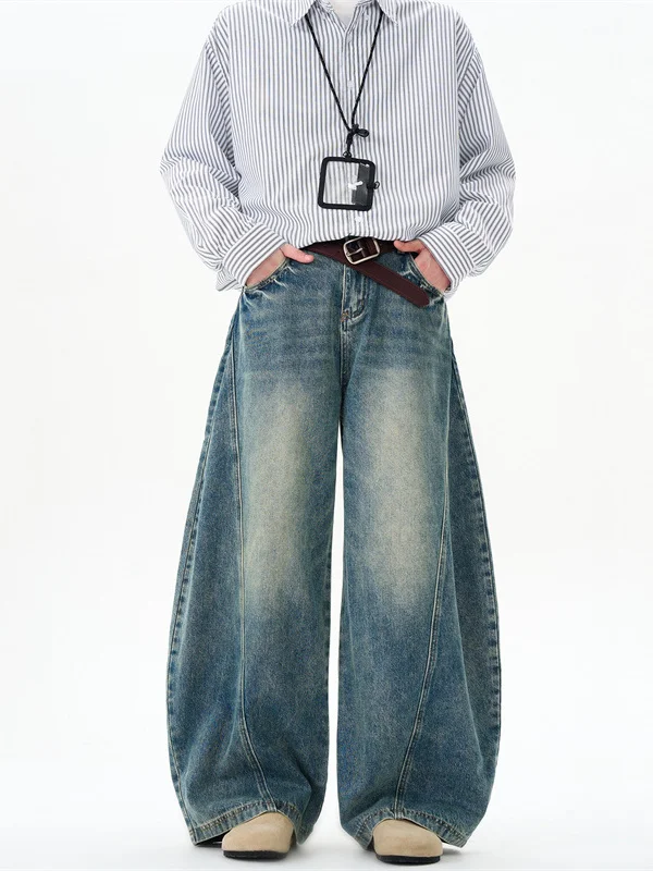 

Мужские джинсы свободного кроя в стиле ретро, ​​прямые джинсовые брюки с высокой талией, молодежные, износостойкие, для повседневной носки, зимний сезон