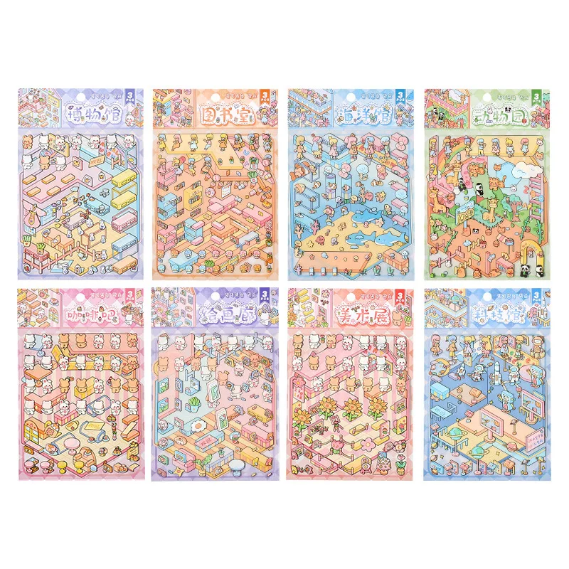 DIY Decor Micro Sweet Cartoon Scene Sticker Cute Creative Design Zoo Landscape Sticker 3D Stacking Sticker Student Supplies