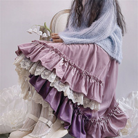 Vintage Japanese Style Girl Lace Spliced Purple Ruffled Women Skirts High Waist A-line Irregular Loose Thicken Sweet Long Skirts