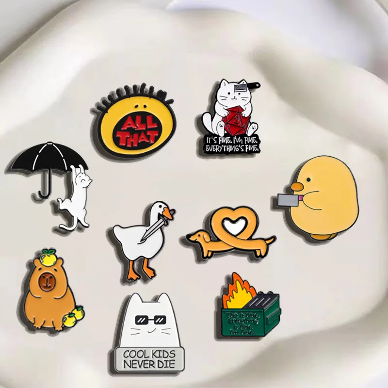 Cute Cartoon Funny Animal Series Alloy Brooch Yellow Duck Flame Cat Combination Metal Badge Enamel Pins Brooches for Clothing