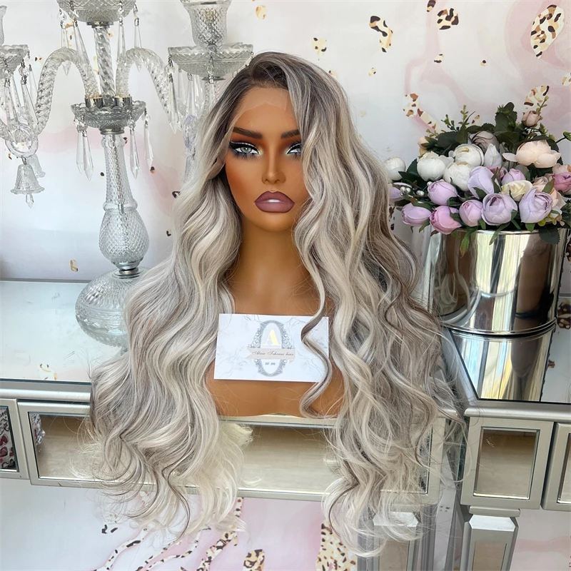 

Маленький размер Кепка Ombre Платиновый блондин с темными корнями Синтетический парик спереди Бесплатная часть HD Невидимый парик фронта шнурка Бесклеевой парик