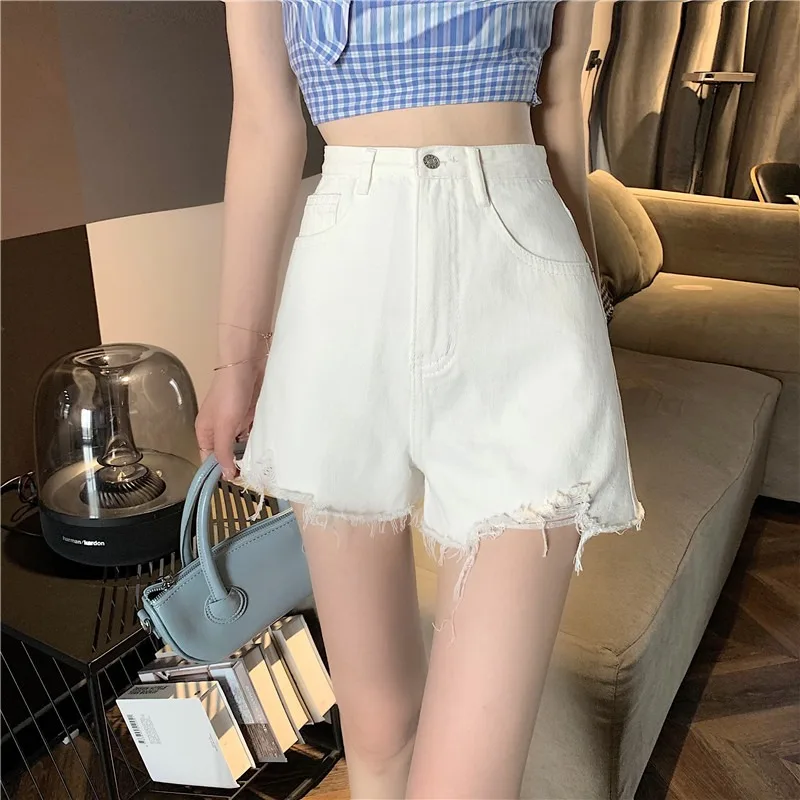 

Summer Black Denim Shorts Women Korean Fashion Ripped Holes High Waist Slim White Short Jeans Female Casual Wide Leg Short Pants