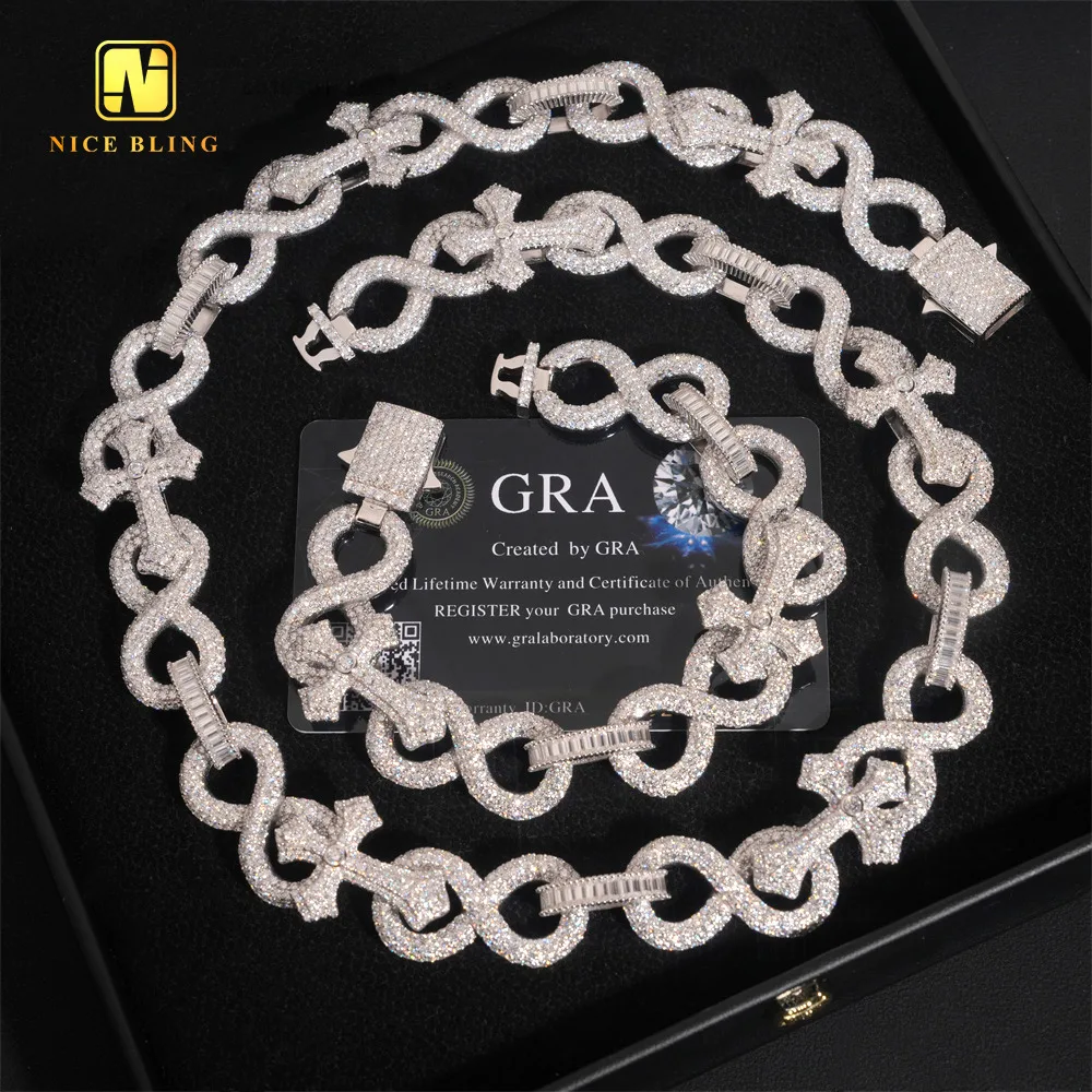 Iced Fully Out Cuban Link Chain 18mm Big Cross Infinite Silver Rapper Jewelry VVS Moissanite Link Hip Hop Chain.