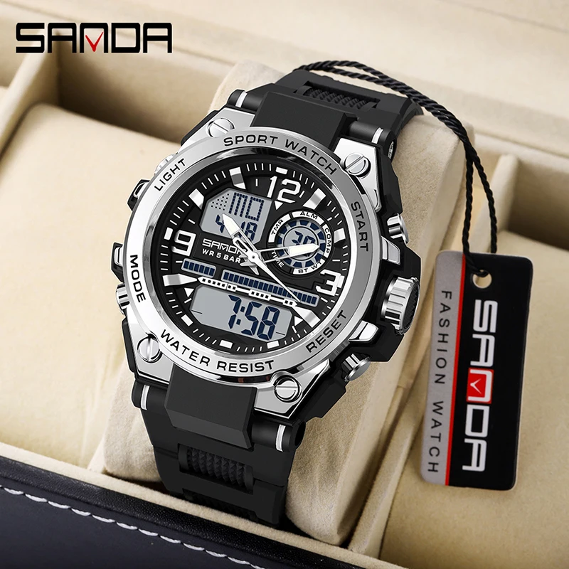 SANDA Men Sports Watch Military Watches LED Quartz Dual Display Waterproof Outdoor Sport Men\'s Wristwatches Relogio Masculino