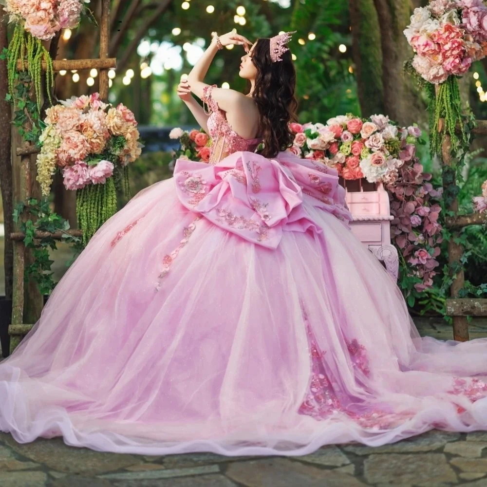 Floral Pink Quinceanera Dresses Ball Gown Off The Shoulder Appliques Beaded Sweet 16 Dresses 15 Años Customized
