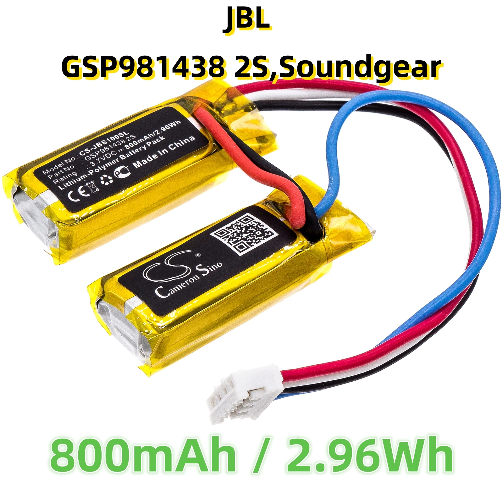 

Replacement Battery For JBL:GSP981438 2S,Soundgear,Speaker-800mAh / 2.96Wh--Li-Polymer--3.70V