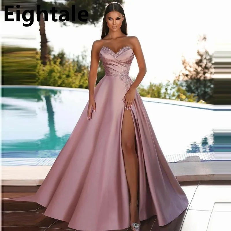 

Eightale A Line Satin Long Prom Dresses Sweethearts Lace Applique Beads Slit Pink Arabic Pleat Evening Gowns Dubai Women