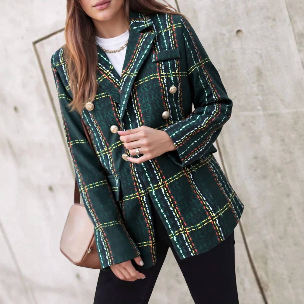 

Women's Long Sleeve Lapel Blazer Fashion Chic Button Decor Contrast Color Casual Blazer for Autumn Winter