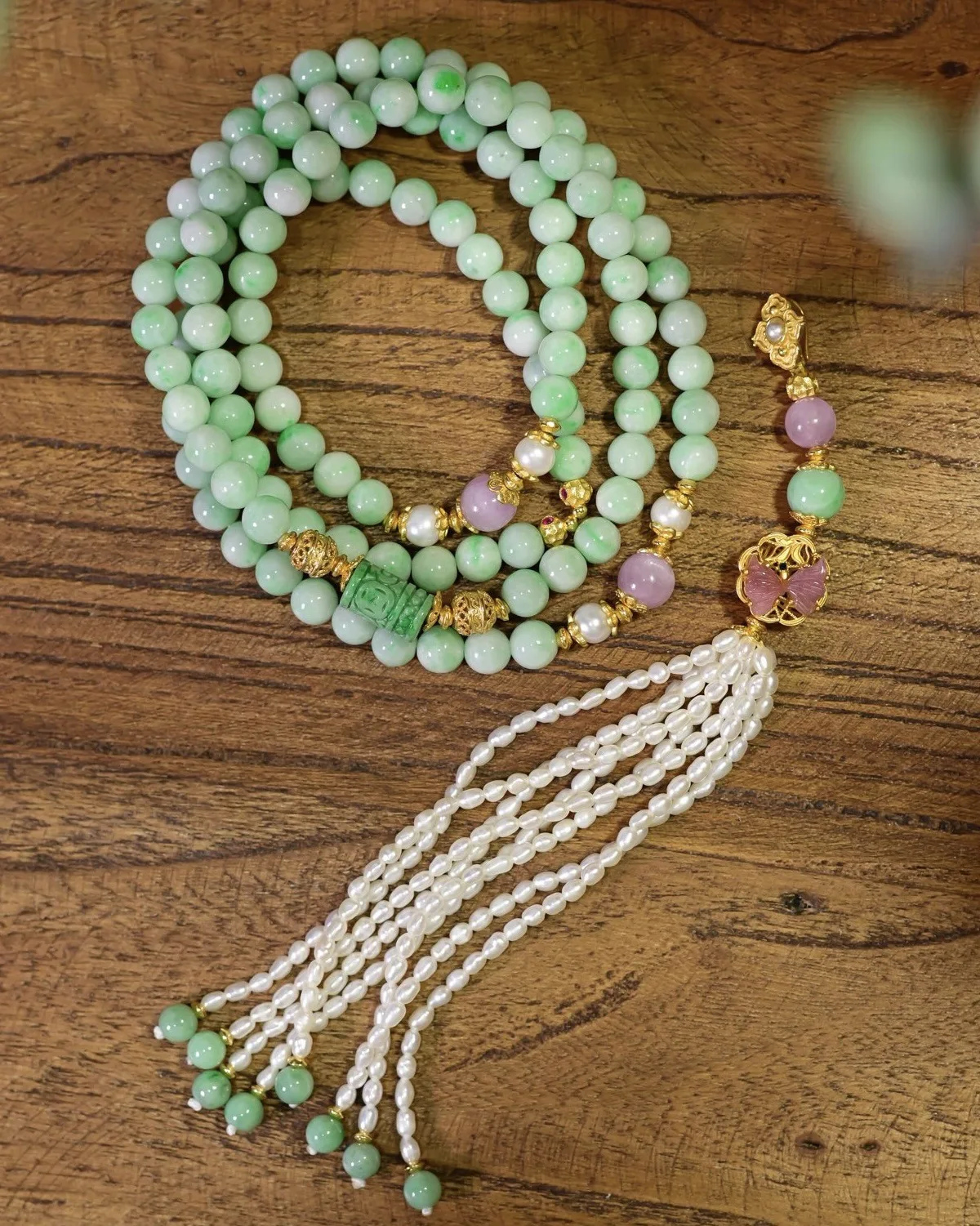 

A-Grade Jade 108 Buddha Beads Necklace Bracelet, Light Green Jade Freshwater Pearl Fringe Tourmaline Multi-Strand Jewelry