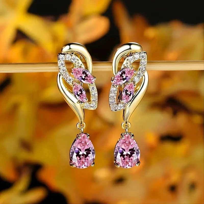 Huitan Trendy Pink Cubic Zircon Dangle Earrings for Women Gold Color Luxury Wedding Accessories Temperament Elegant Lady Jewelry