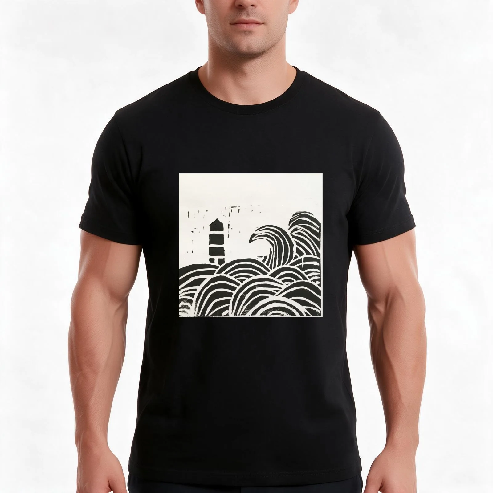 Lighthouse Lino Print T-Shirt Summer Casual Cotton Tee Oversized Streetwear Tops Vintage Graphic Print Unisex Men Women