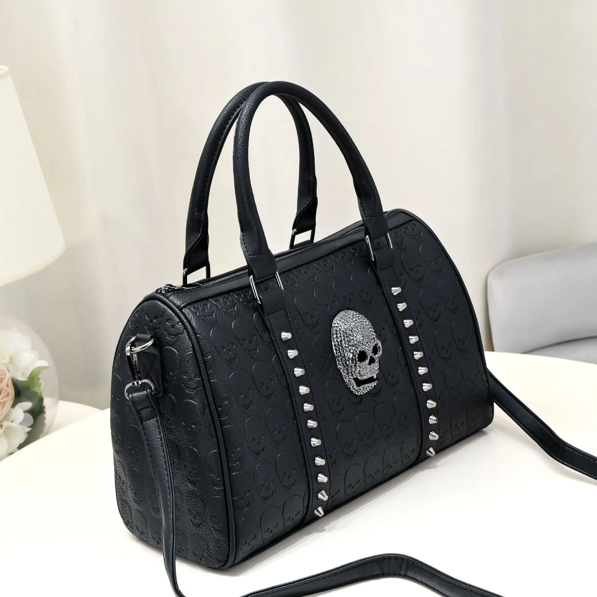 Jierotyx Gothic Style Skull Tote Bag for Women Steampunk Studded Decor Boston Bag Trendy Top Handle Crossbody Bag Large