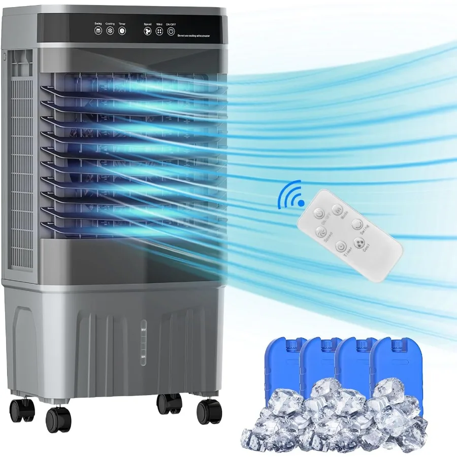 Enfriador de aire evaporativo portátil de 5,3 galones con control remoto para habitación, dormitorio, garaje, 1800 CFM, refrigeración de alto rendimiento, 3 velocidades Se