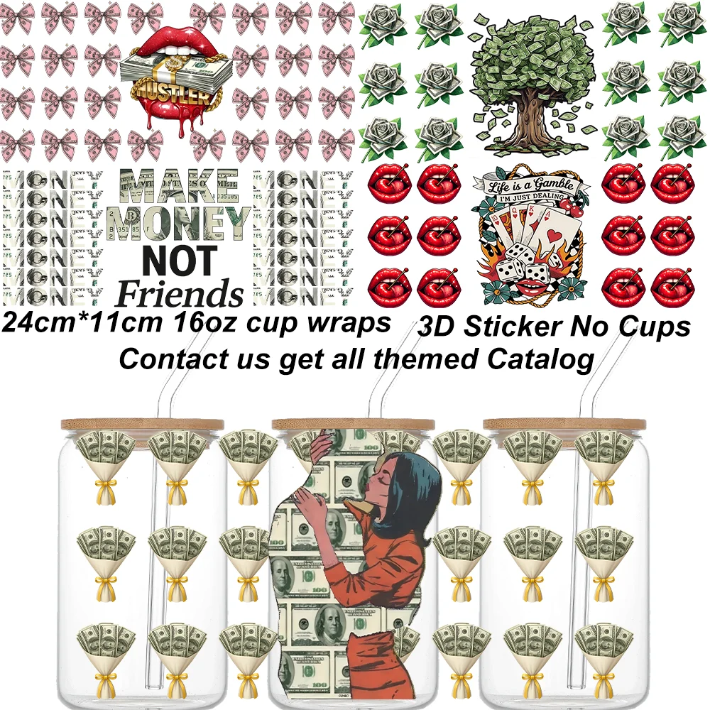 Money Vibe Themed Uv Dtf Cup Wrap Transfer Sticker DIY Decals For 16oz Libbey Cup Mixed US Dollars Pattern 3D Transfer Sticker