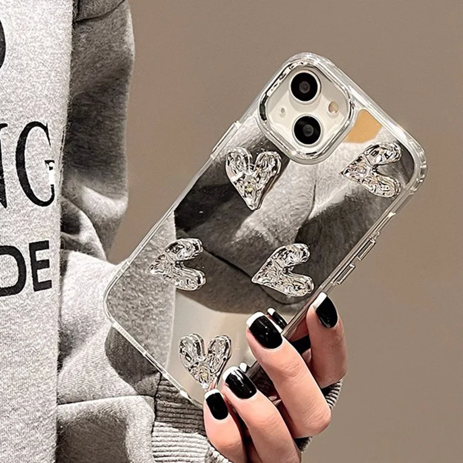 Shining Mirror 3D Heart Case for iPhone 11 12 13 14 15 Pro Max 7 8 Plus SE 2020 15Pro X XR XS MAX Hard Shockproof Phone Cover