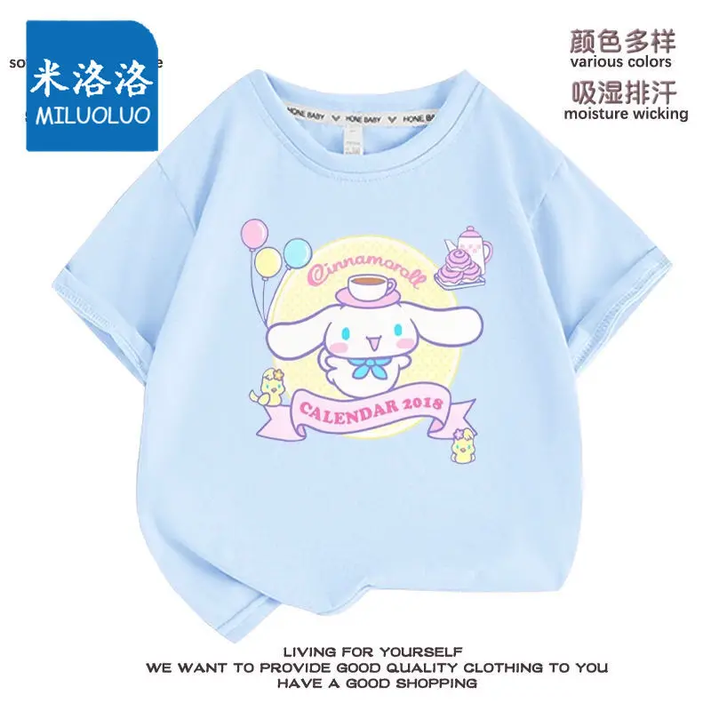 Sanrioed Camiseta de manga corta de algodón Cinnamoroll para niños y niñas, Tops de media manga de dibujos animados, ropa para niños, regalo absorbente de sudor