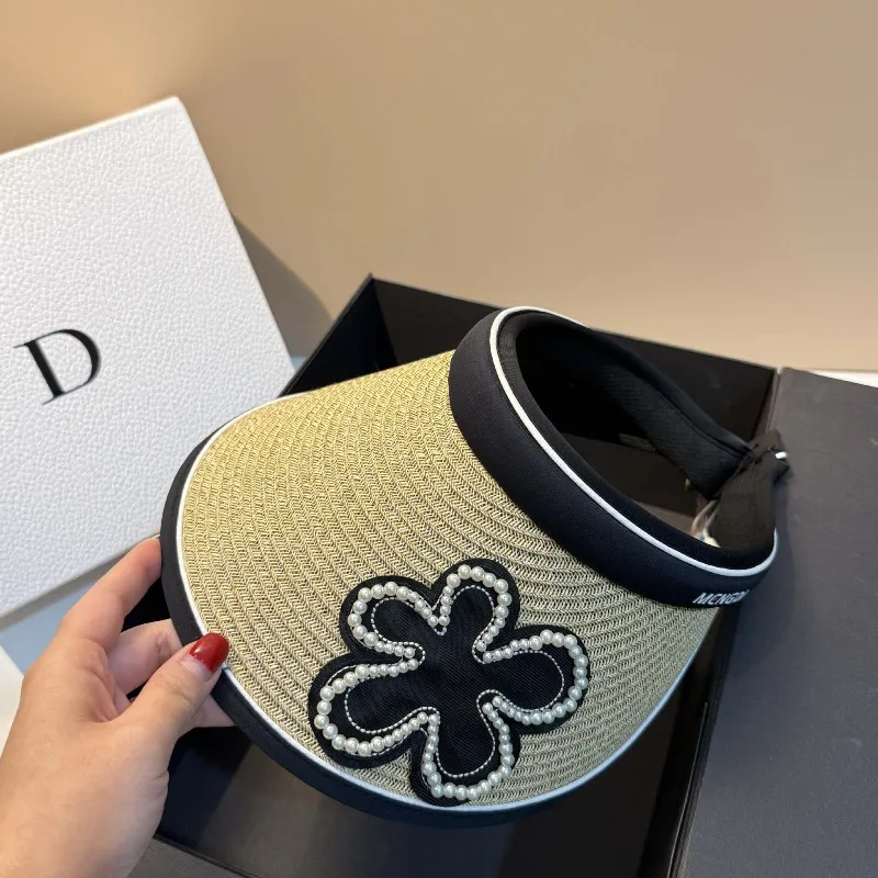 

Pearl Floral Visor Hat UPF50 Black Liner Braided Straw Headband for Women Beach Sun Protection Adjustable Summer Free Shipping​​