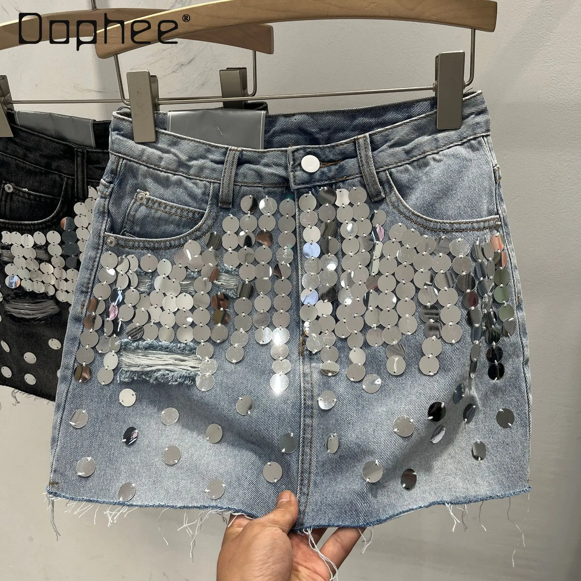 Black Skirt Korean Style Slimming Denim Skirt Women 2024 Summer New High Waist Fashionable Sequins Frayed A- Line Mini Skirts