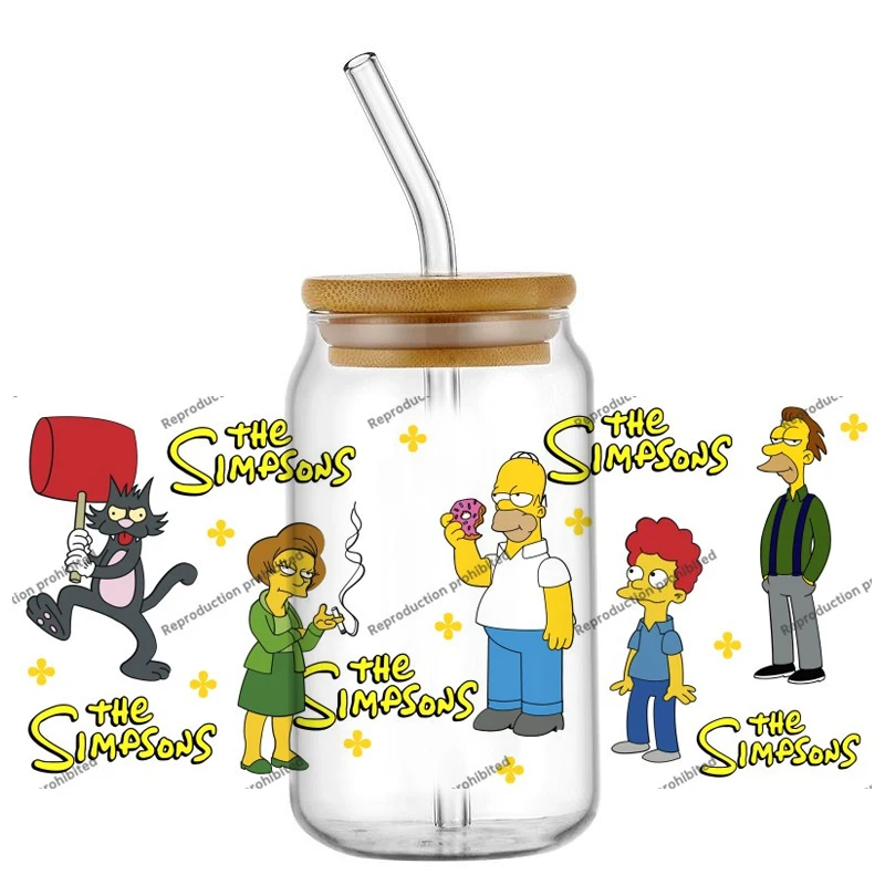 popular Yellow Funny Family UV DTF Wraps Classic Cartoon Stickers for 16oz Glass Cans Waterproof DIY Transfer Decals