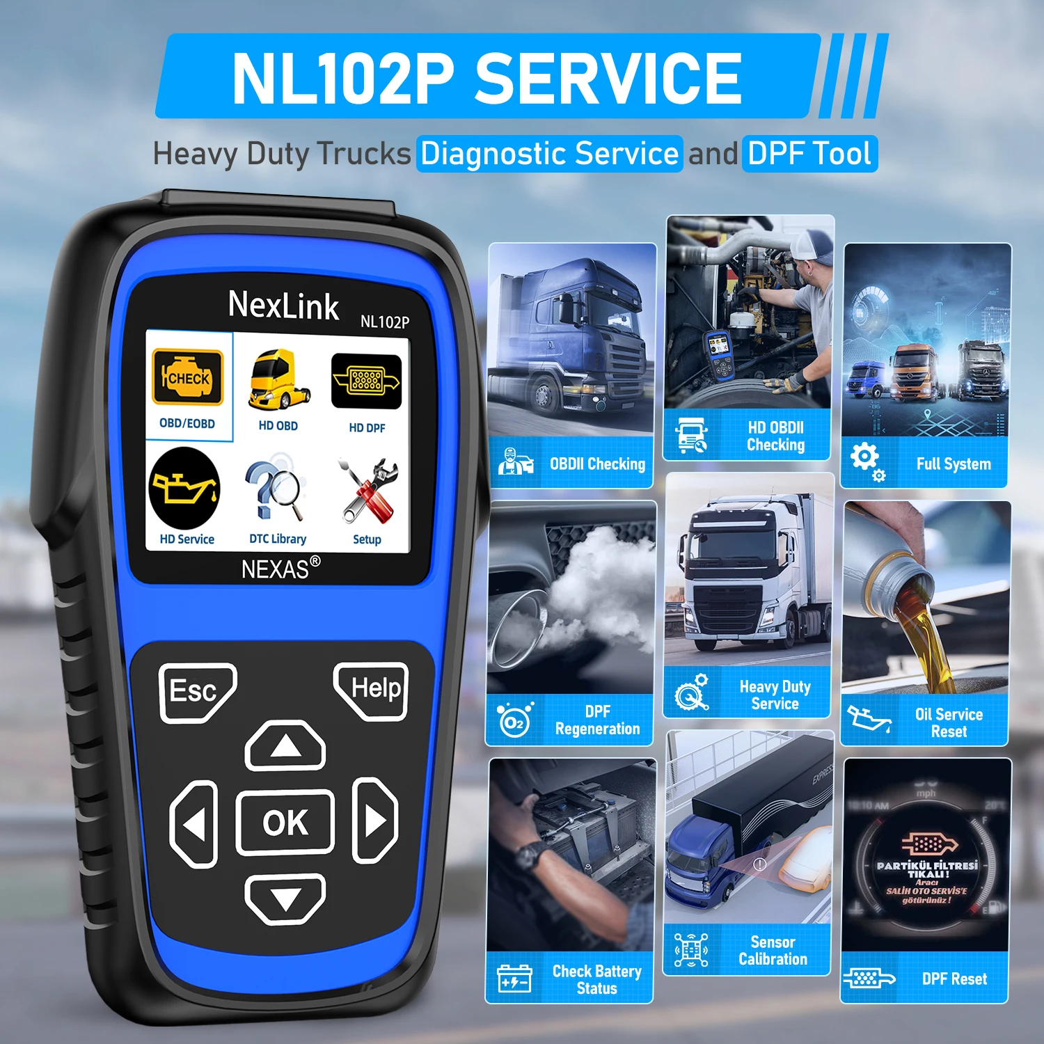 NEXAS NL102P Full Systems Heavy Duty Truck Scan Tool Force DPF Regen Tool HDOBD/EOBD Diagnostic Scanner with Oil Reset Sensor