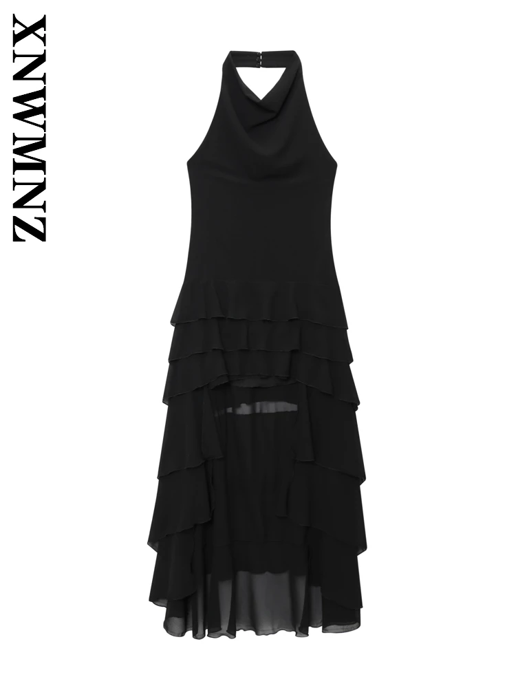 

XNWMNZ 2025 Summer Women Clothing club Fashion Sleeveless Shoulder Backless Dress Sexy Woman Black Halter Dresses Party midi