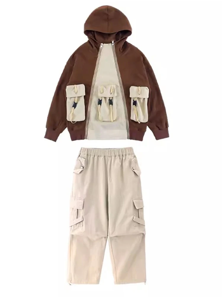 Jongens Hiphop Kostuum Lange Mouwen Capuchon Zak Tops Cargo Broek Meisjes Jazz Dans Kleding Kids Performance Wear Bl11853