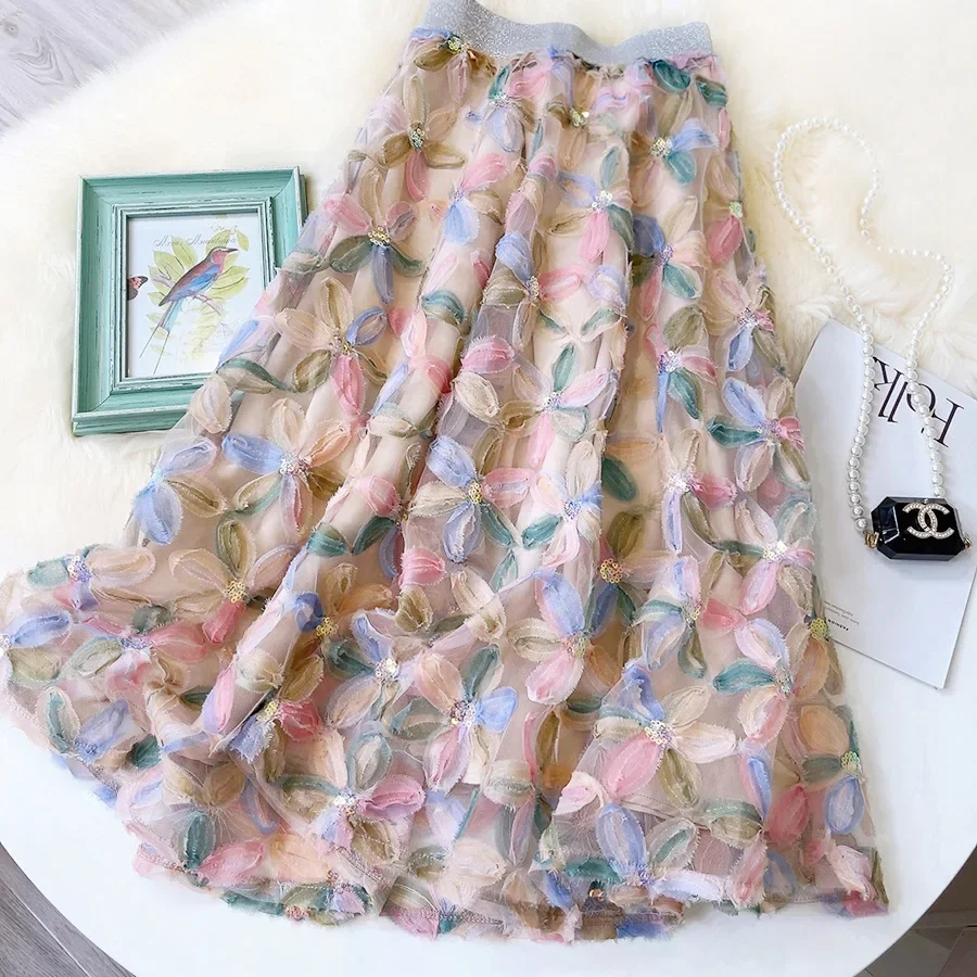 Vintage Beading 3D Floral Tulle Long Skirt Women Summer Elegant Elastic High Waist A Lien Pleated Skirts Female Faldas Aesthetic