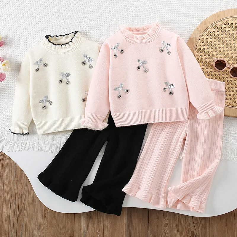 

2026 New Spring 2-6Yrs Baby Girls Clothing Set Long Sleeved Knitted Pullover Sweater+Pants Kids Knitted Clothing Suit