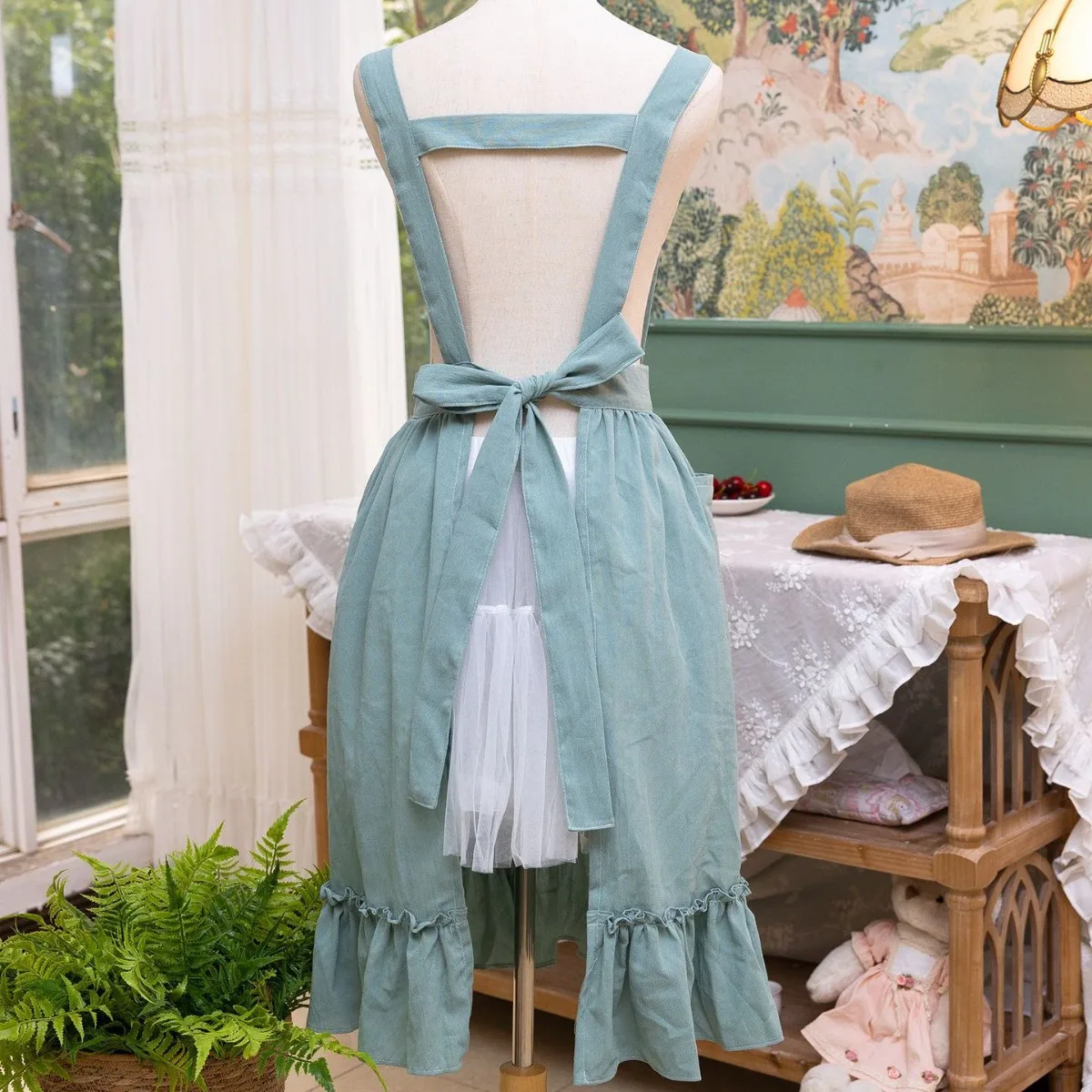 Forest Flouncing Pinafore French Pastoral Florist Artsy Cotton Vintage Apron Kitchen Art Nail Coffee Work Apron Ruffled Apron