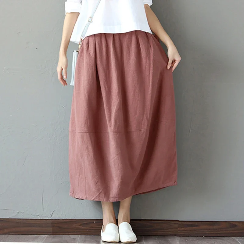 Elastic waist Cotton Linen Solid color Women Skirt Vintage Mori girl style Casual Summer Skirt female Cute Long Skirt QH1240