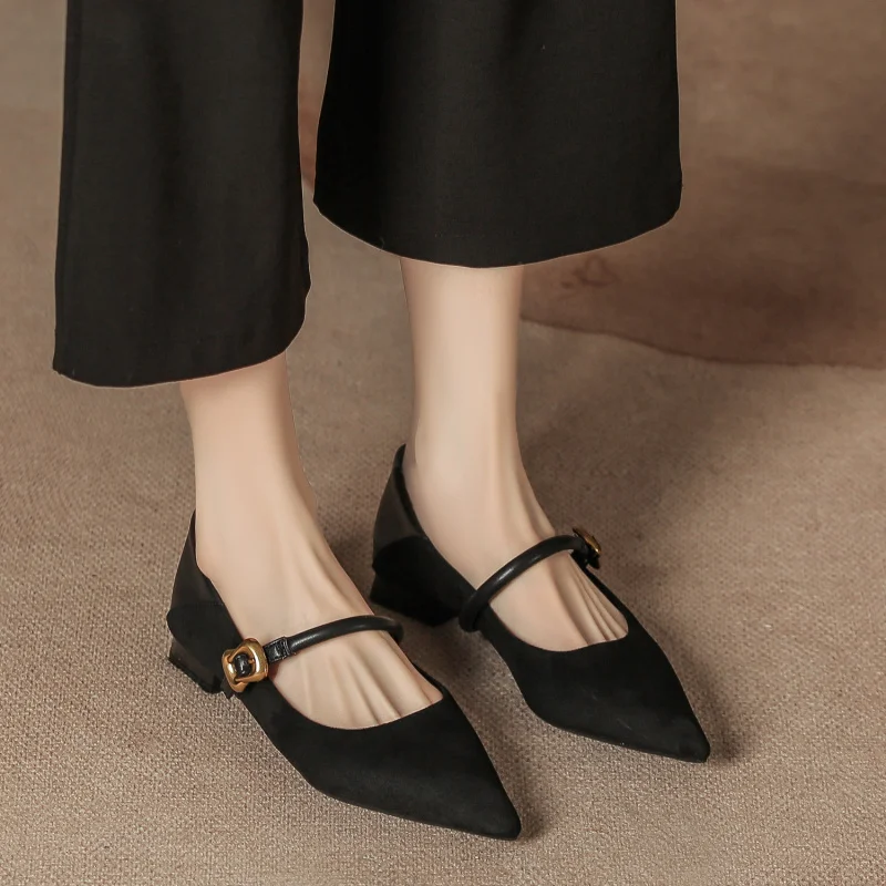 

Black women's autumn and winter pointed-toe shoes Chunky-heeled suede strap fashion women's shoes with shallow cut and