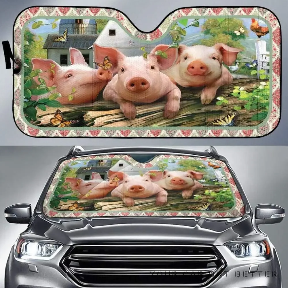 Funny Three Pigs Climbing Wooden Fence Farmhouse Background Car Sunshade, Funny Pigs Farm Animals On Farmhouse Auto Sun Shade, W