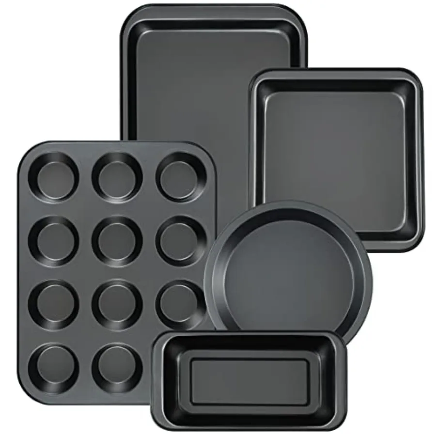

Kitchen 5-Piece Nonstick Bakeware Set - Round/Square Cake Pans, Muffin Pan, Loaf Pan, Roast Pan and Baking Sheets