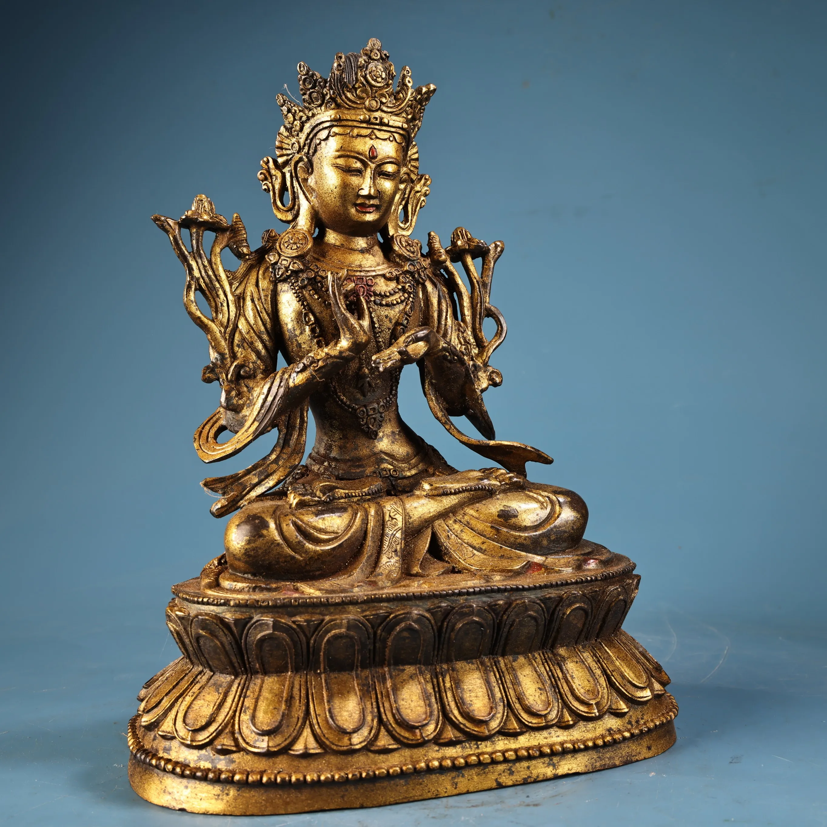 Antique Gilded Copper Manjushri Bodhisattva Statue, Tibetan Wisdom Buddha Sculpture with Double Lotus Base