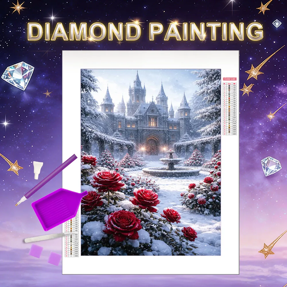 HUACAN Diamantmalerei 5D Schloss Haus Landschaft Zimmer Heim Wandkunst Deko Diamantmosaik 5D Rosenblüte Strasssteine Vollbesatz