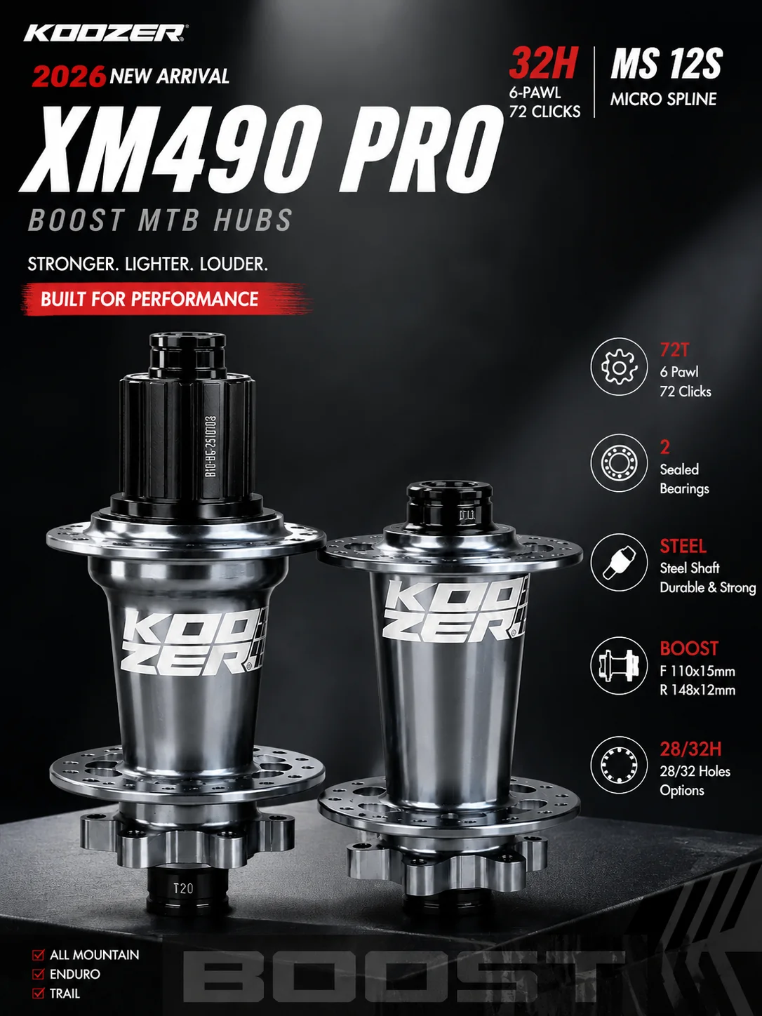 KOOZER XM490 PRO MTB Naben BOOST 110x15 148x12mm 28/32H HG 8-11S MS 12S 6 Sperrklinken 72T Gedichtete Lager Stahlachse – Detail 1